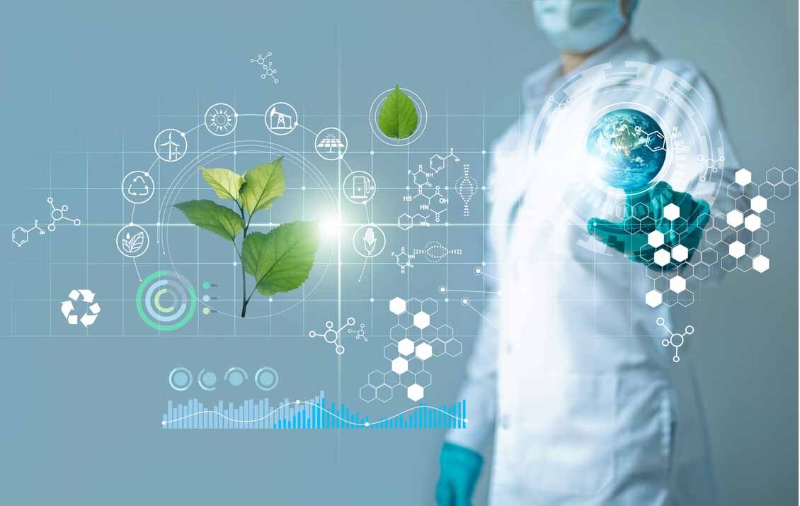 Scientists touching blue earth and researching renewable energy with plant and icon ecology on blue background